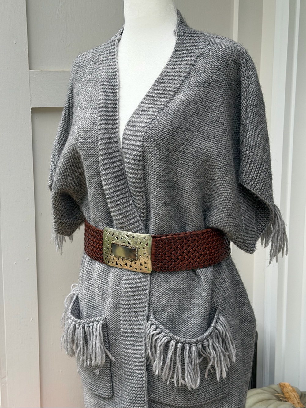 Echo Gray Fringe Pocket Knit Cardigan (wool blend)